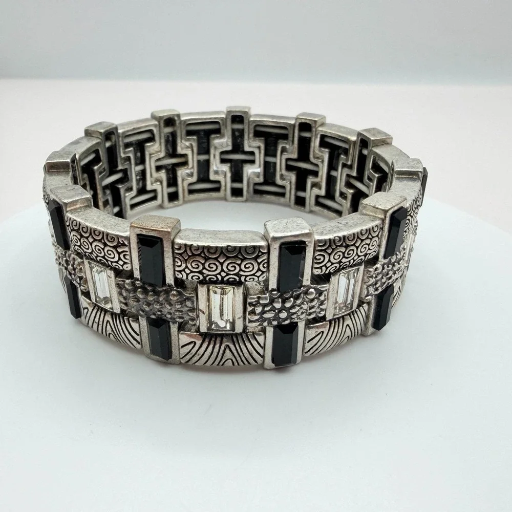 Vintage 90s‎ Silver Tone Black Glass Textured Stretch Bracelet Women's Jewelry
